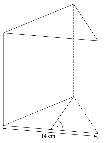 Geometrische Skizze eines Körpers mit Maßangabe 14 cm und gestrichelten Hilfslinien.